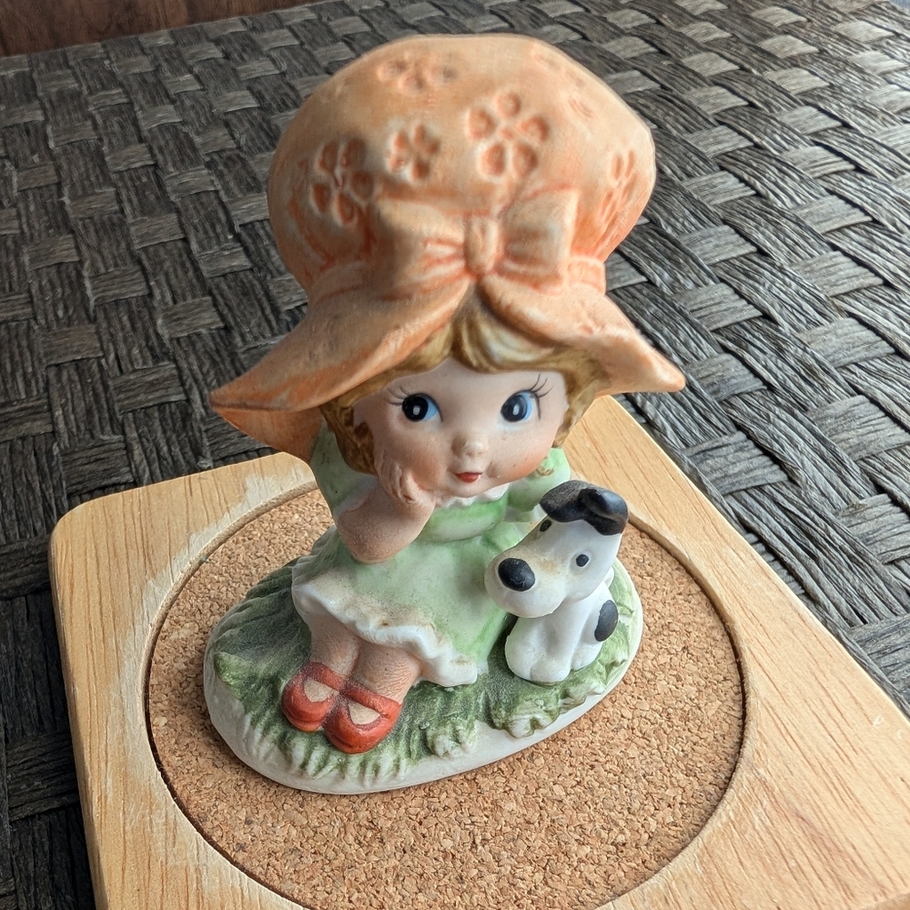 Lefton China - Charming Girl with Dog Figurine in Orange and Green